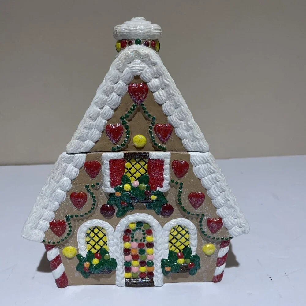 Vintage Handcrafted Gingerbread House Cookie Jar Canister Colorful Glitter 9
